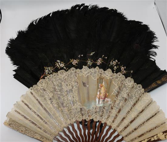 Feather fan, 2 others, Victorian camisoles etc and a shawl